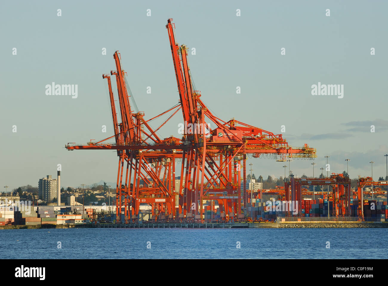 Idle Gantry cranes on the docks of Vancouver waterfront inner harbor ...