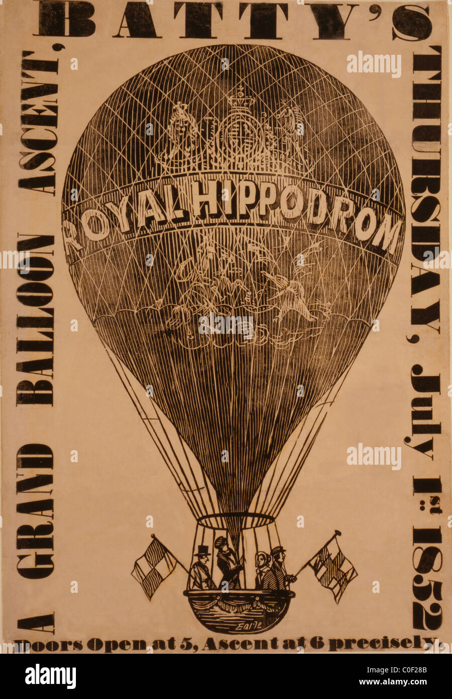 Poster shows three men and a woman holding flags while sitting in the basket of an ascending balloon labeled 'Royal Hippodrome Stock Photo