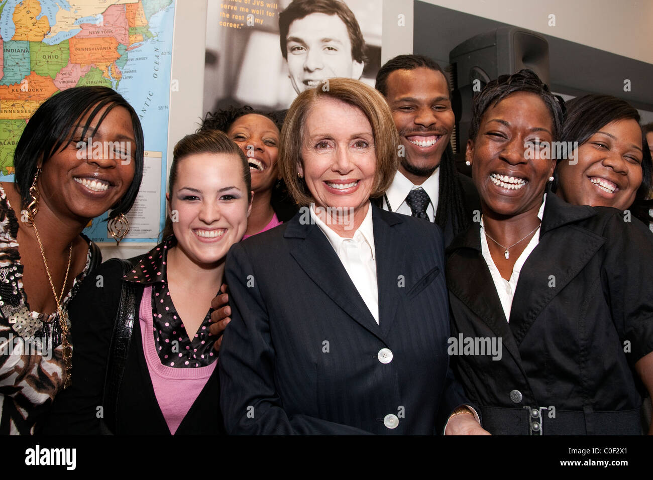 Nancy Pelosi visits with job training participants at JVS (Jewish Vocational Services) in San Francisco, CA.  June 2010 Stock Photo
