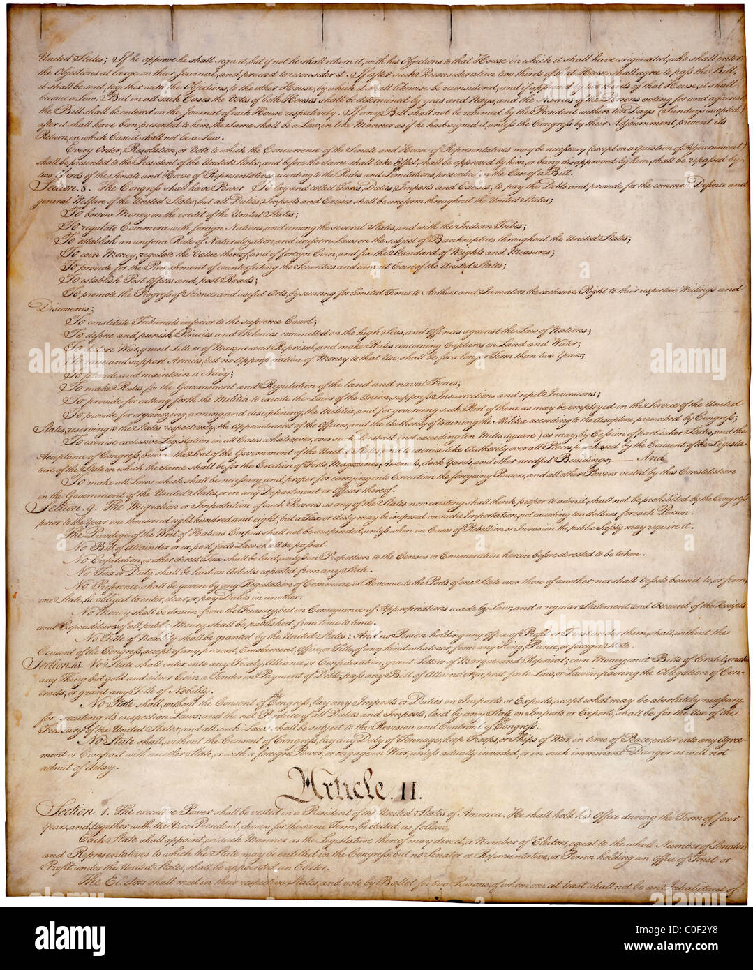 Article II of the US Constitution original hand written copy on parchment Constitution of the United States the supreme law 1787 Stock Photo