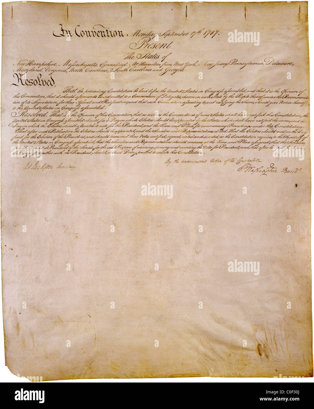 Transmittal Page of the US Constitution - original hand written copy on parchment - adopted on September 17, 1787 Stock Photo