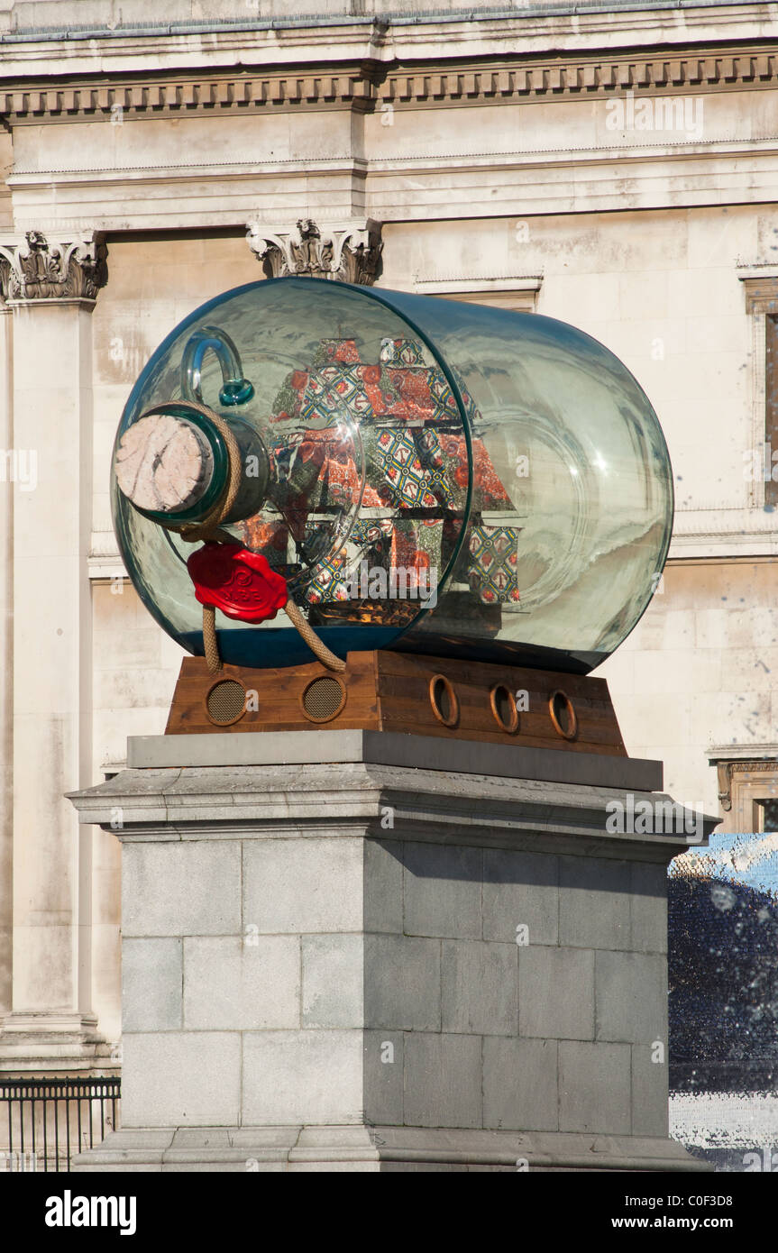 Artist Yinka Shonibare's artwork Nelson's Ship in a Bottle on Fourth Plinth London's in Trafalgar Square. London. UK Stock Photo