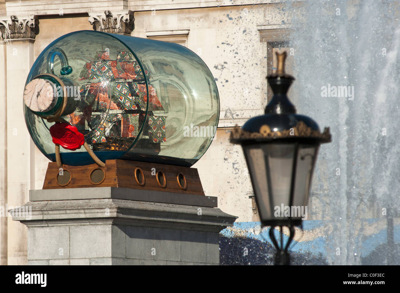 Artist Yinka Shonibare's artwork Nelson's Ship in a Bottle on Fourth Plinth London's in Trafalgar Square. London. UK Stock Photo