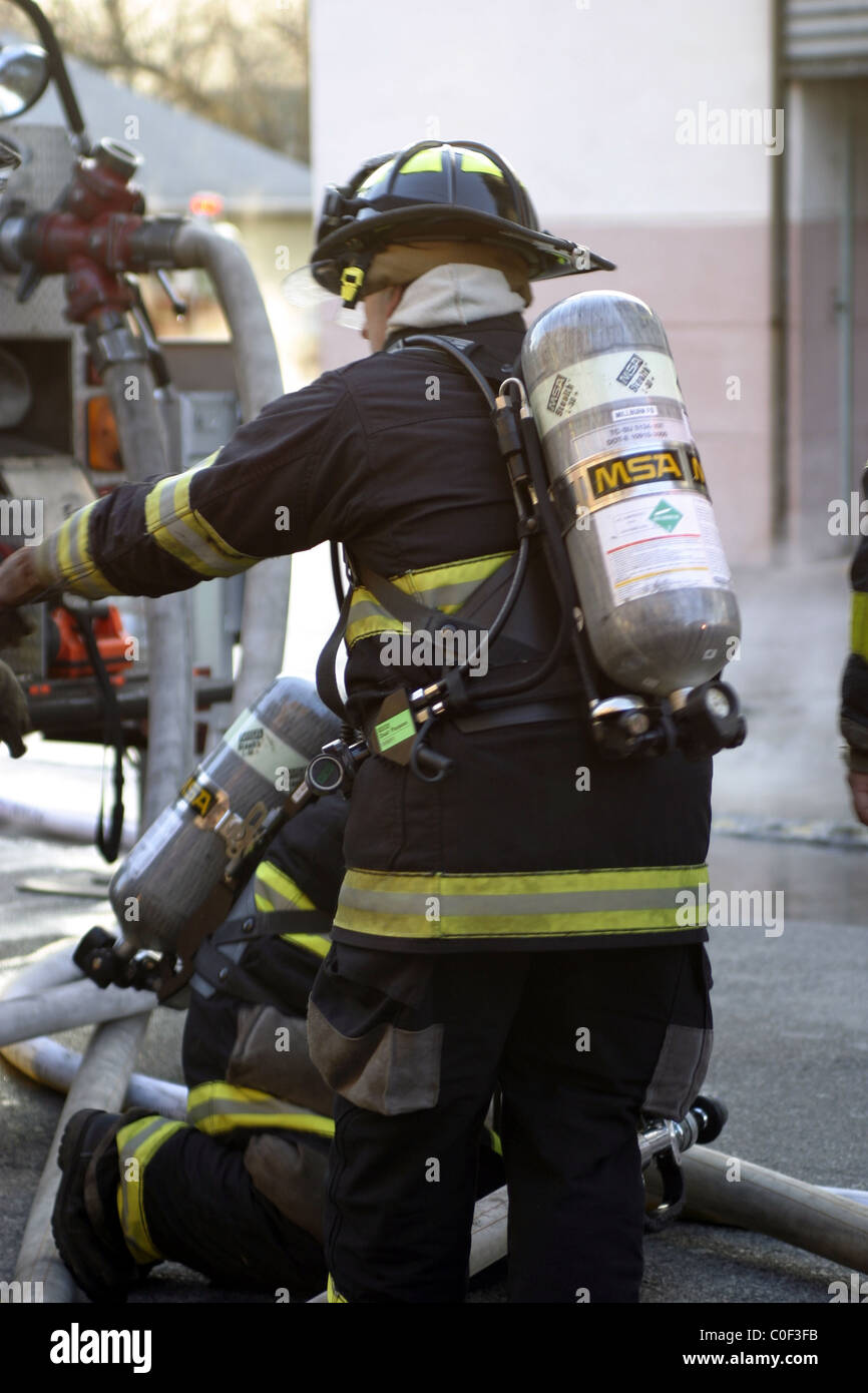 US firefighter at scene of a fire in New Jersey Stock Photo Alamy