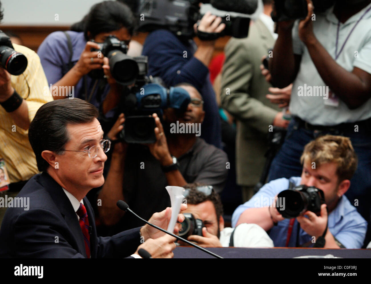 Stephen Colbert testifies before a House Judiciary subcommittee. Stock Photo