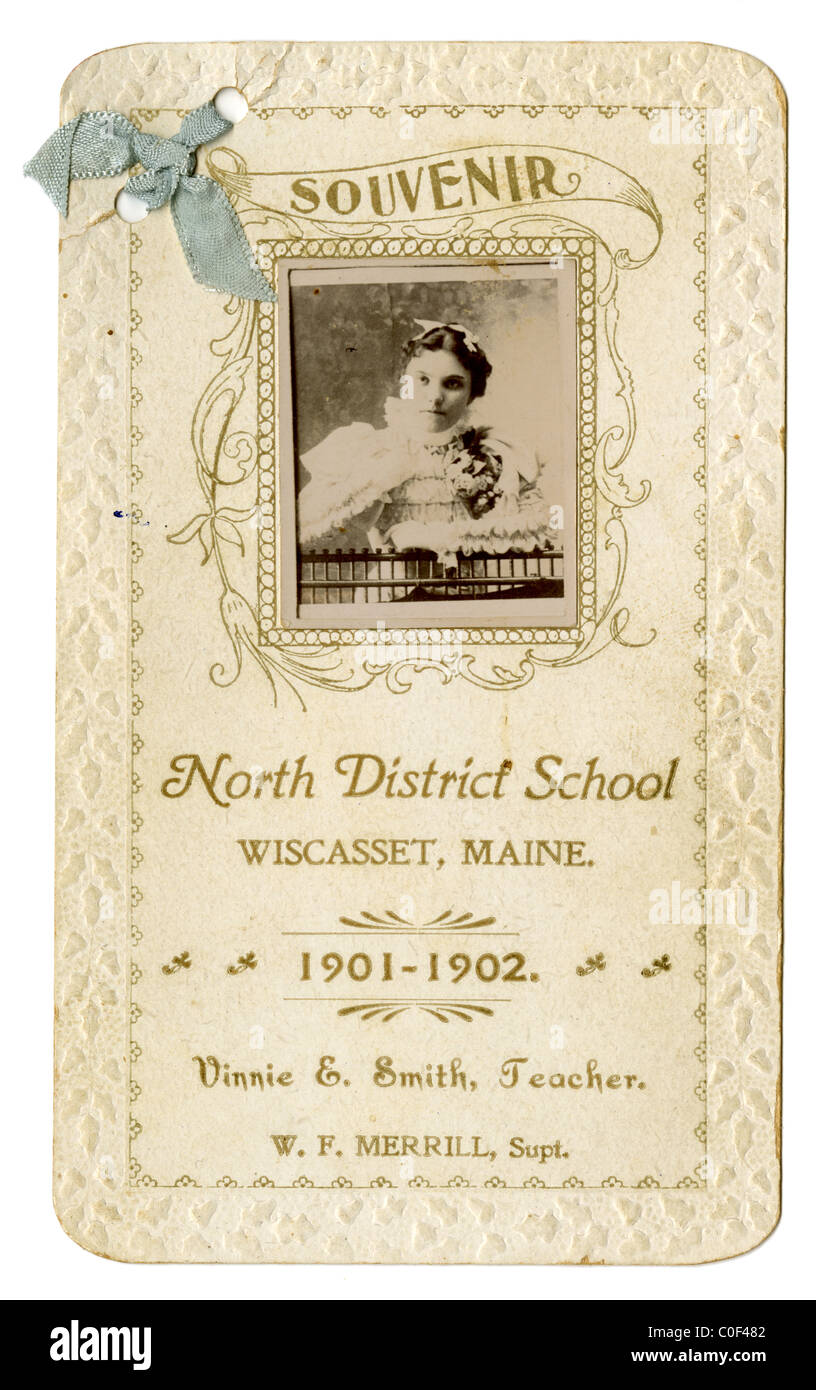 1902 Vinnie E. Smith's 'souvenir' card from the North District School in Wiscasset, Maine. Stock Photo