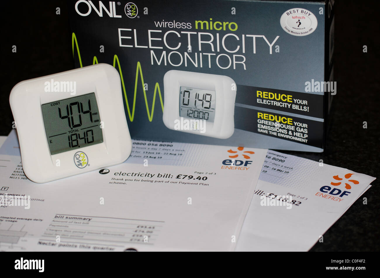 Owl electricity usage monitor, energy awareness Stock Photo
