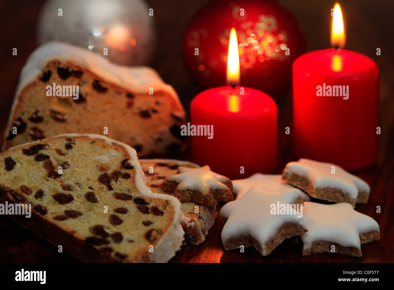 Christmas still life, Cinnamon Stars and Stollen Stock Photo
