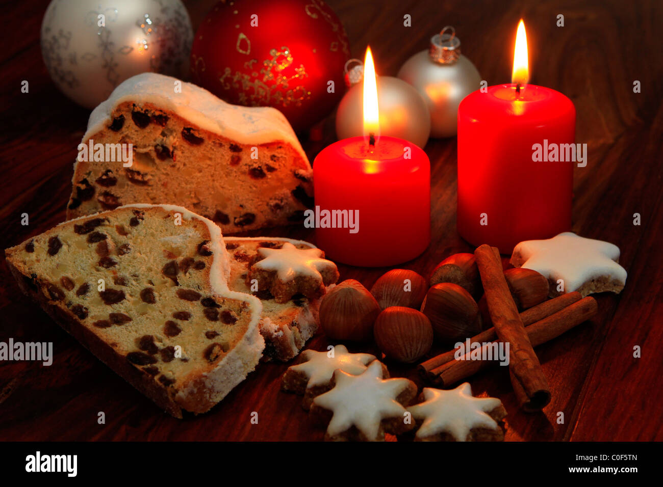 Christmas still life, Cinnamon Stars and Stollen Stock Photo