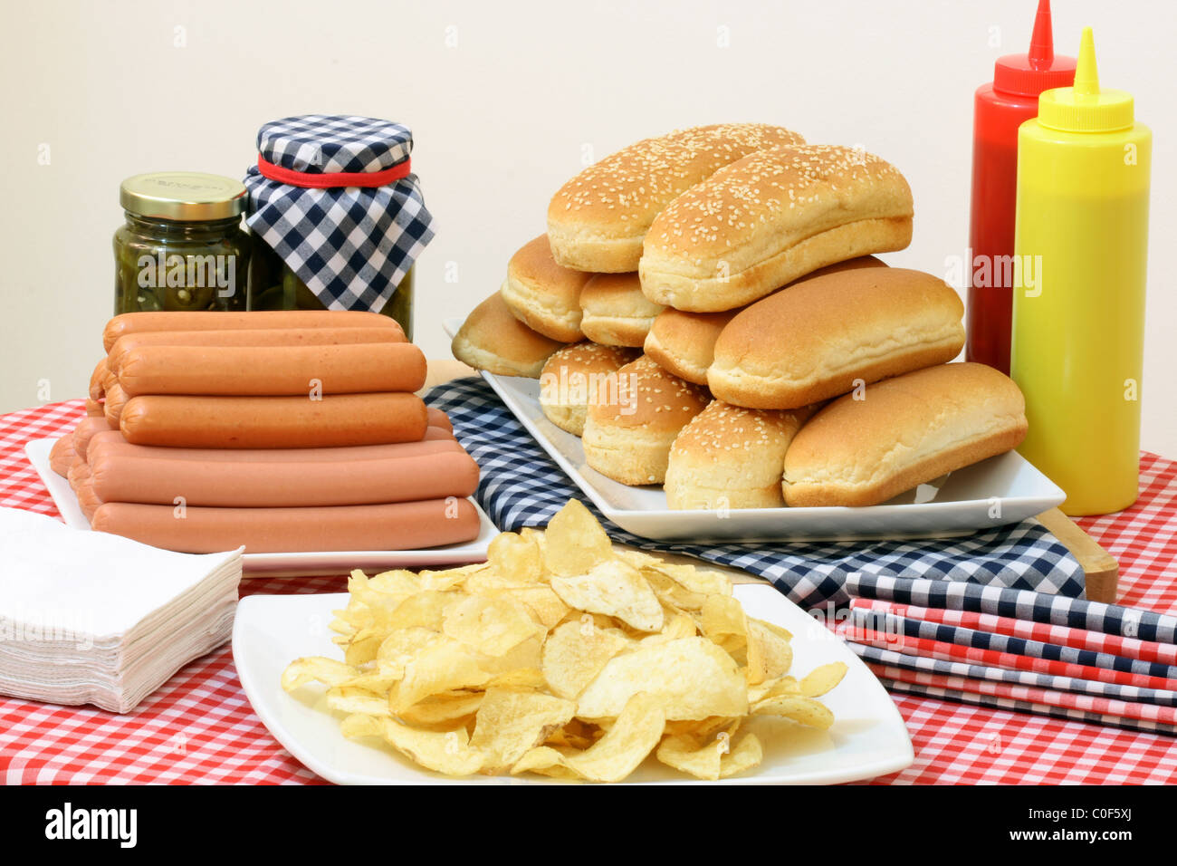 hot dog ingredients on a nice table setting rich in colors and flavors