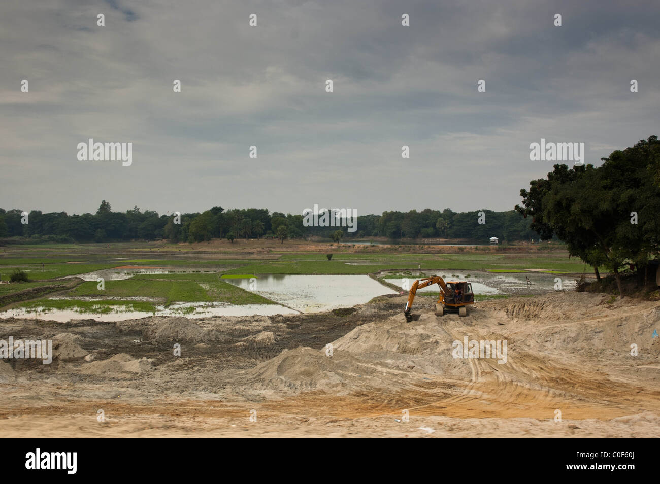 A JCB digger working on a construction site in the foreground, with rice paddy fields in the background in Bangladesh Stock Photo