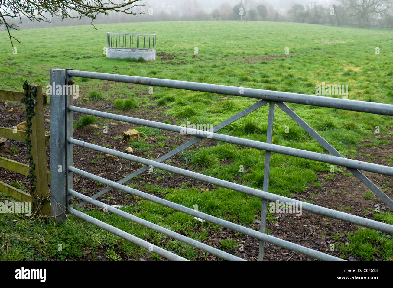 Metal Gate to a Field and Countryside Stock Photo