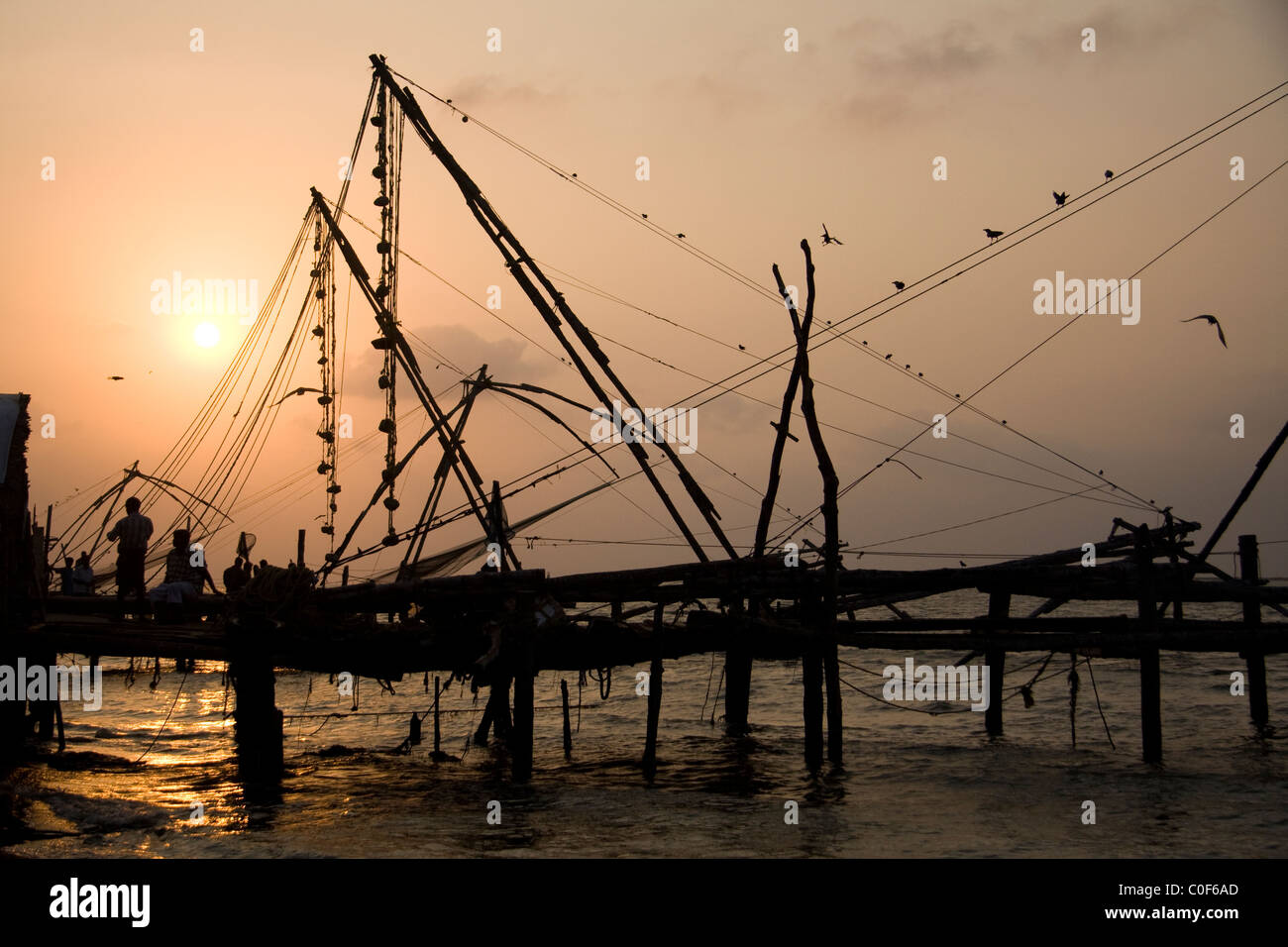 Fisherman nets at the sunset in Kerala with birds around. Stock Photo