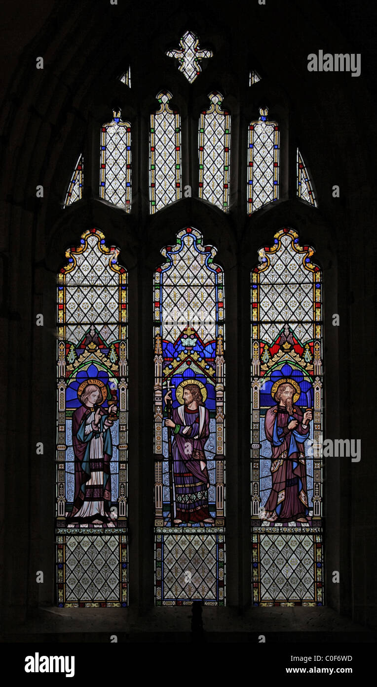A stained glass window depicting The Apostles Saints John, Phillip and Batholomew, Battlefield Church, Shropshire Stock Photo