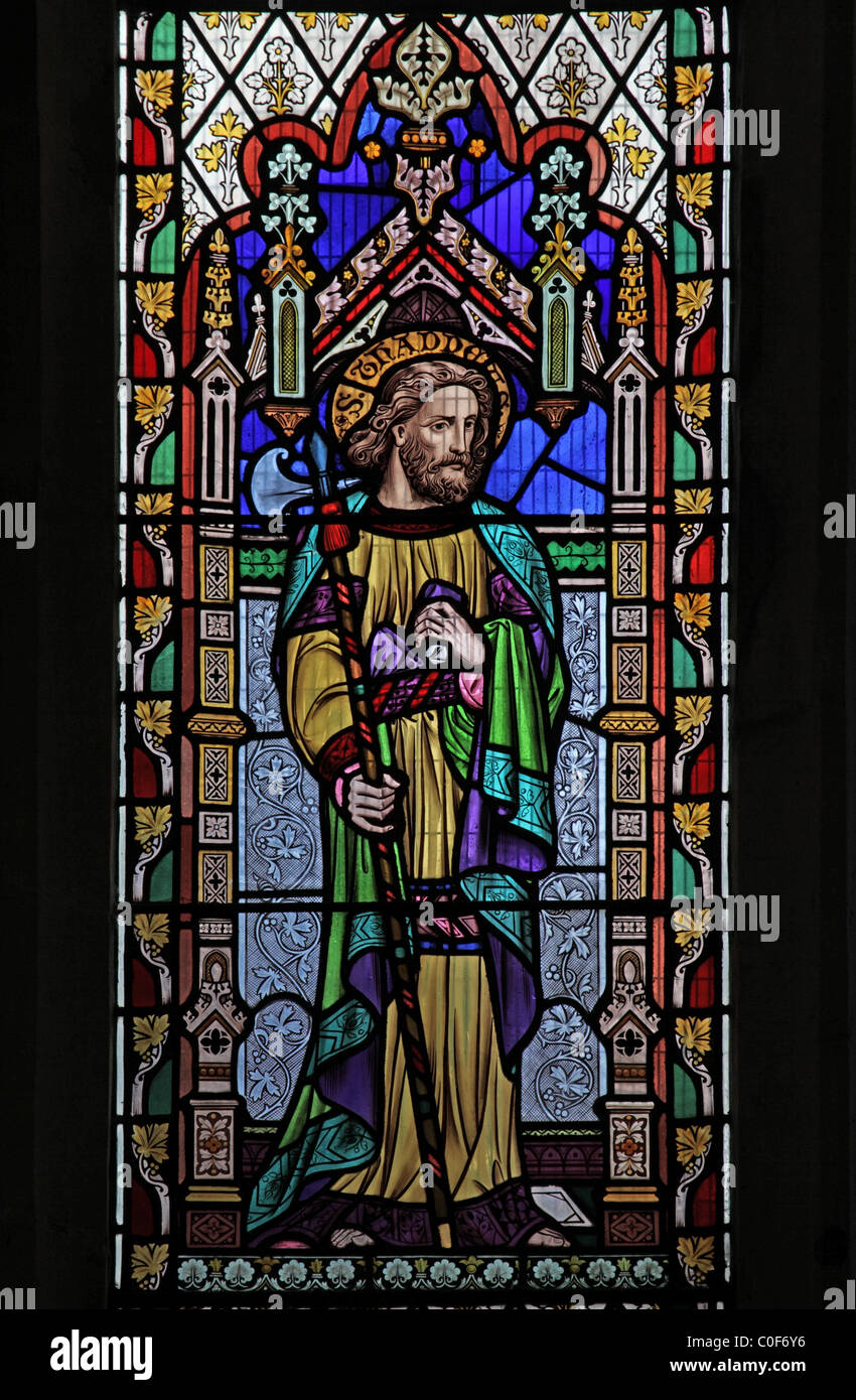 A stained glass window depicting the Apostle Jude, or Thaddeus, Battlefield Church, Shropshire Stock Photo