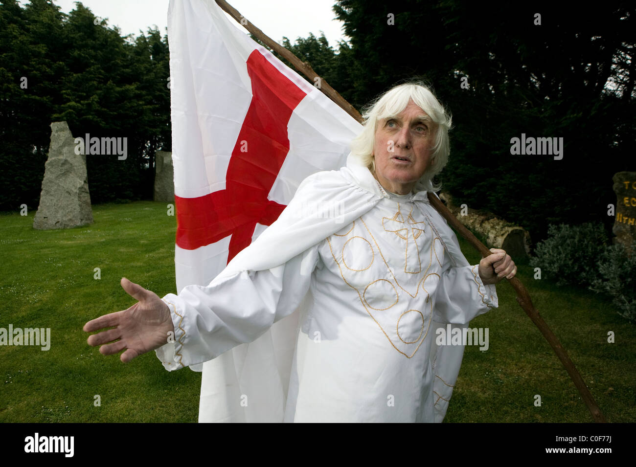 Cornish Druid Ed Prynn 'praying' for England football success at his home in St Merryn, Cornwall. Stock Photo