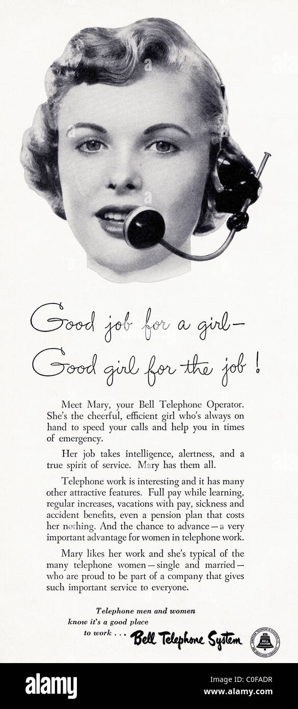 Advertisement in 1950s American magazine for BELL TELEPHONE SYSTEM operators Stock Photo