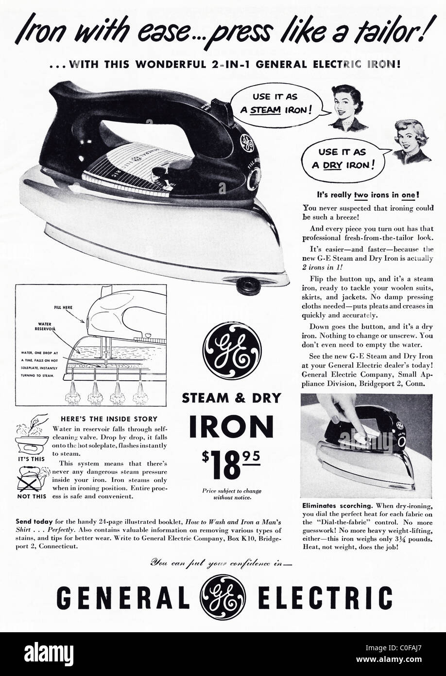 Full page advertisement in 1950s American magazine for GENERAL ELECTRIC steam and dry iron Stock Photo