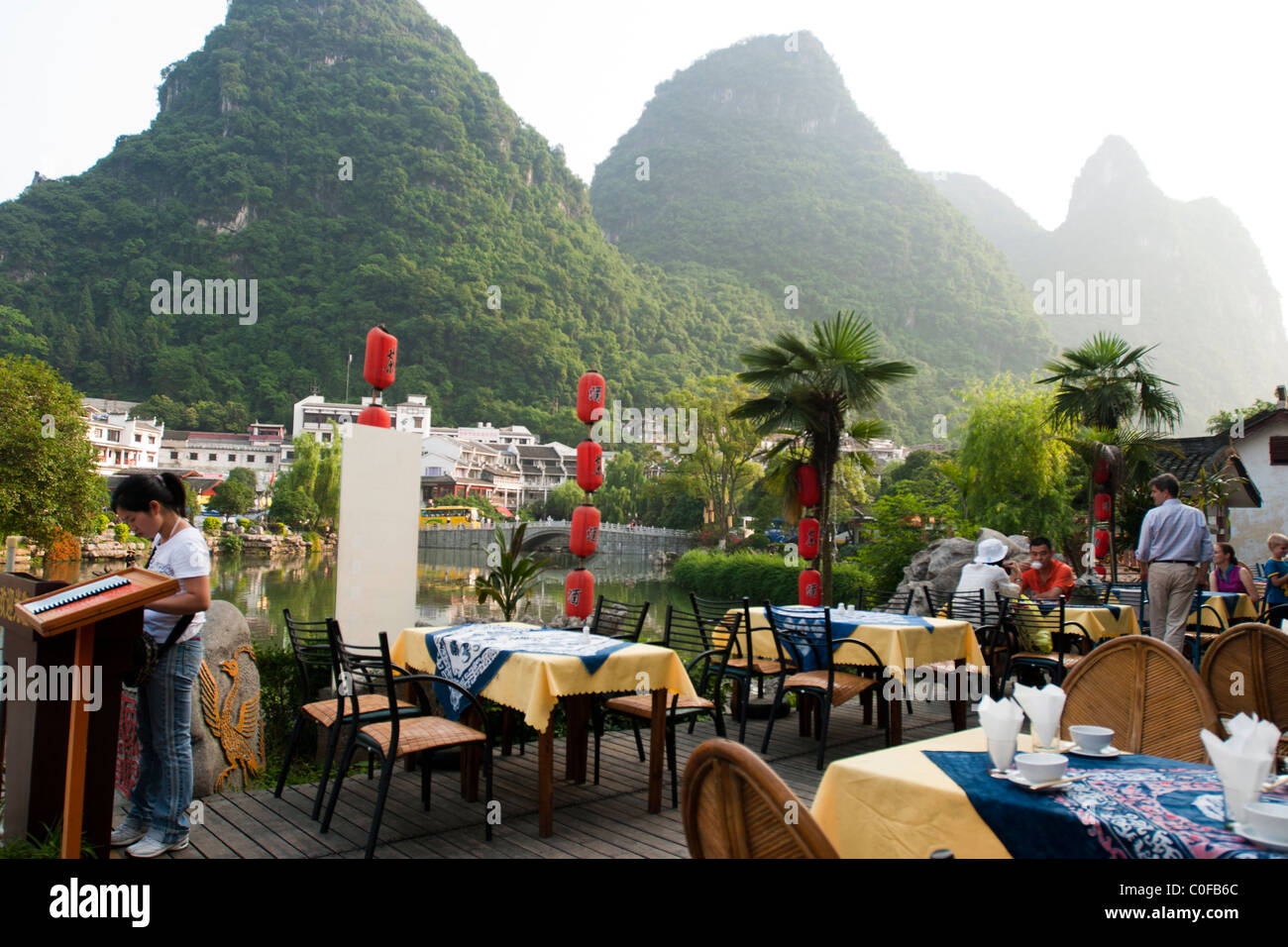 view on the Yangshuo peaks/ mountains from a restaurant in a heart of Yangshou Stock Photo