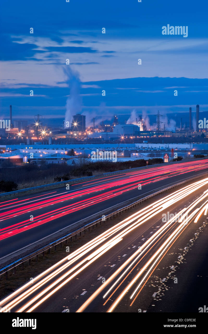Motorway with Neath Port Talbot West Glamorgan Wales at twilight Stock Photo