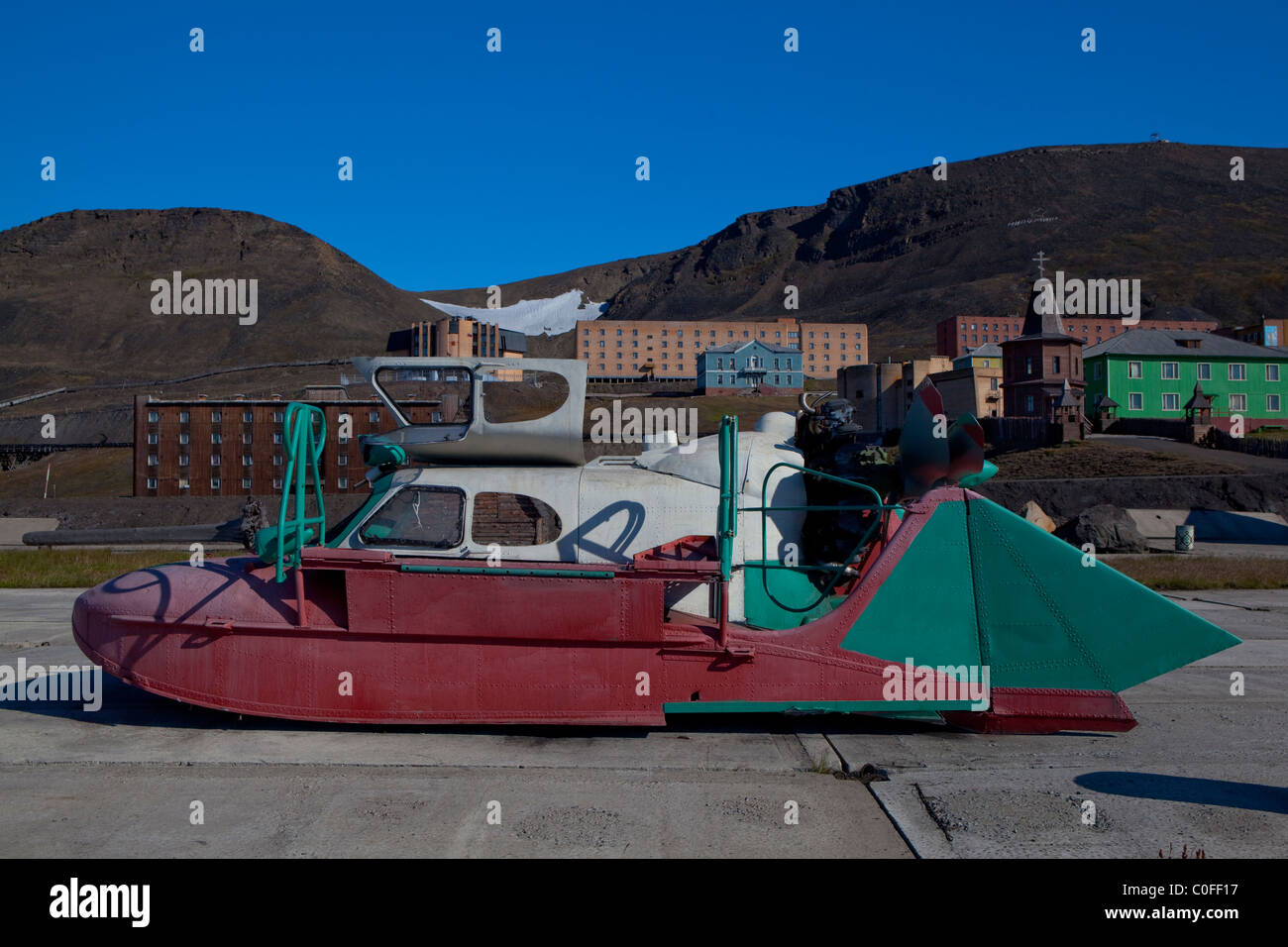 Home-made space car in Barentsburg, a Russian coal mining town in the Norwegian Archipelego of Svalbard. Stock Photo