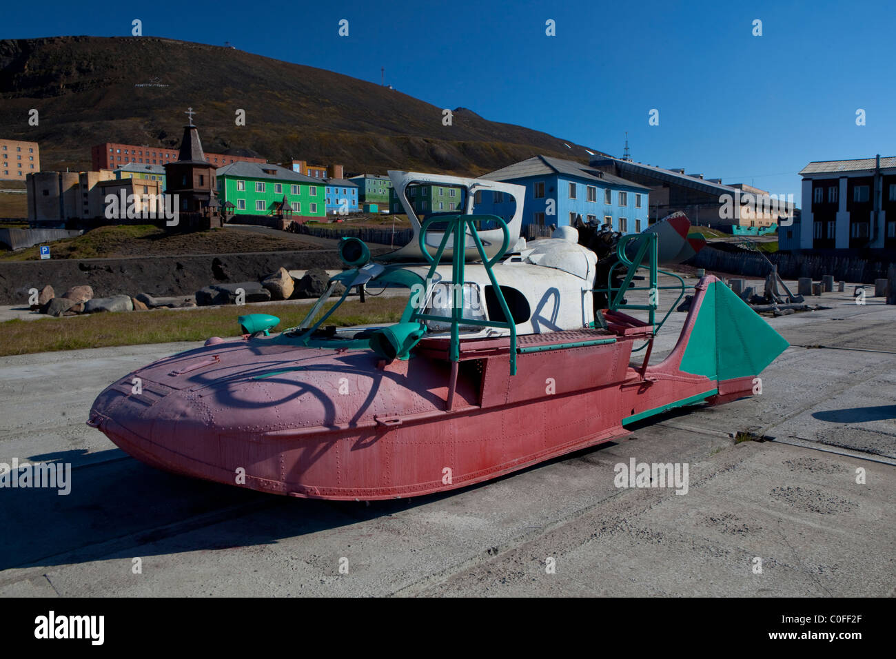 Home-made space car in Barentsburg, a Russian coal mining town in the Norwegian Archipelego of Svalbard. Stock Photo