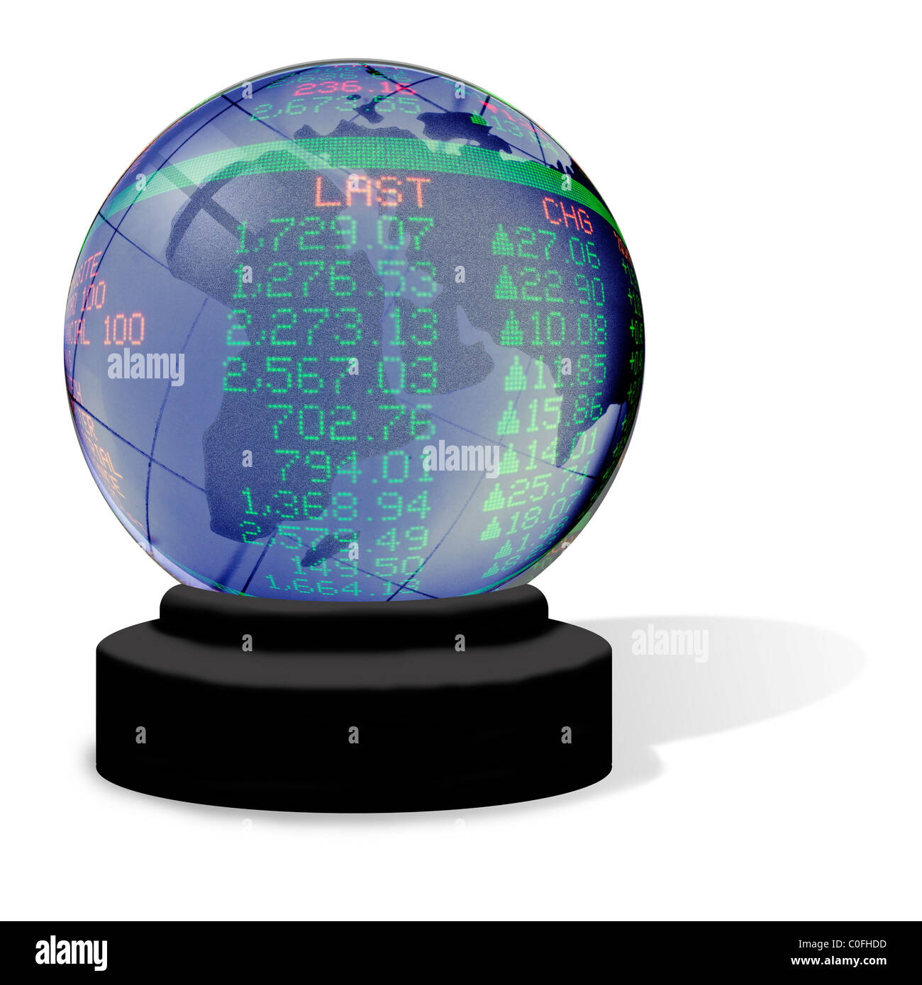 Crystal ball containing a world globe overlaid with a stock market tally board portraying the concept of global investments. Stock Photo