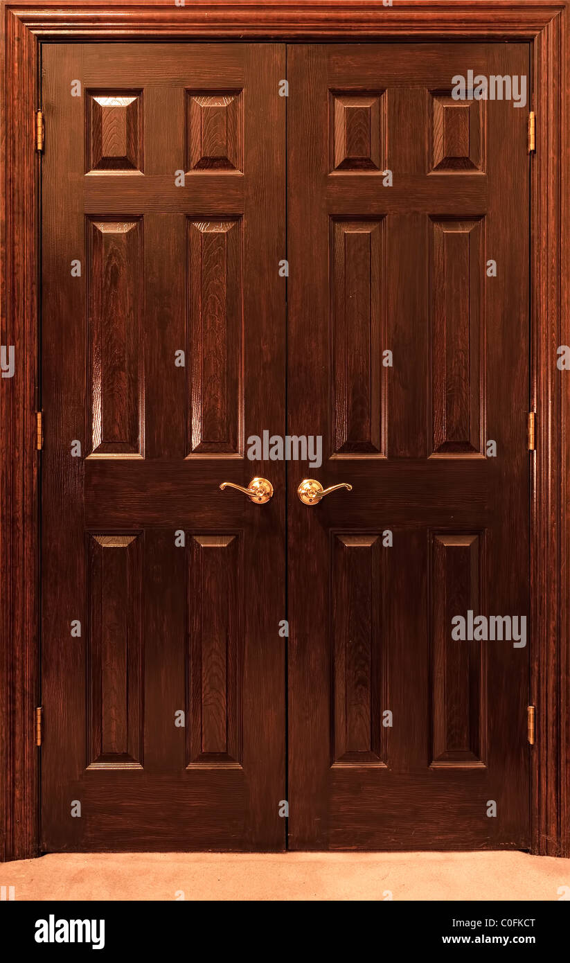 Wood Office Door With Brass Door Handle Stock Photo