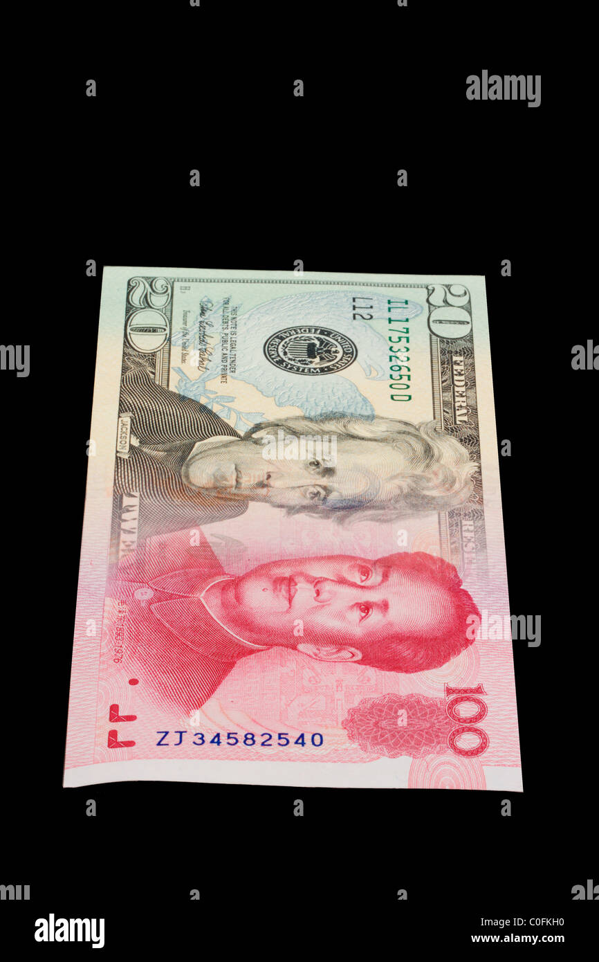 Deliberate morph of USA dollar and China 100 yuan with close placement of leaders suggests challenges met and coming. Stock Photo