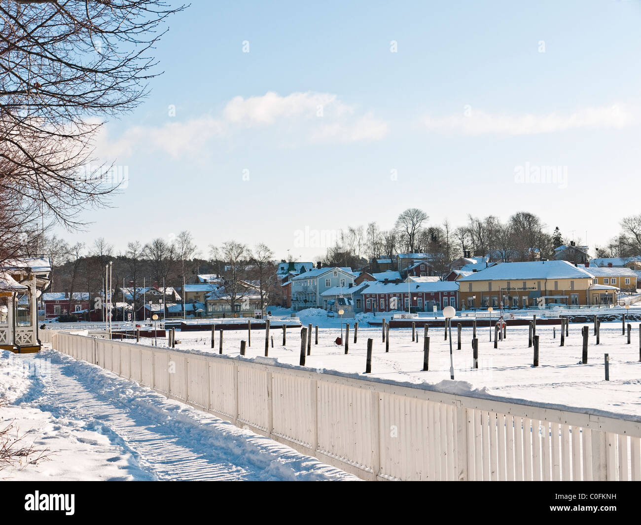 Naantali marina in winter snow with frozen sea, Naantali, South-western Finland Stock Photo