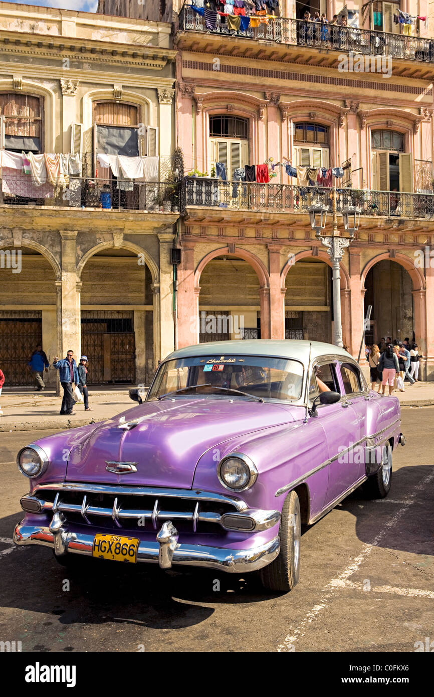 An old American purple 1950s Chevrolet automobile in a street in Havana  Cuba Stock Photo