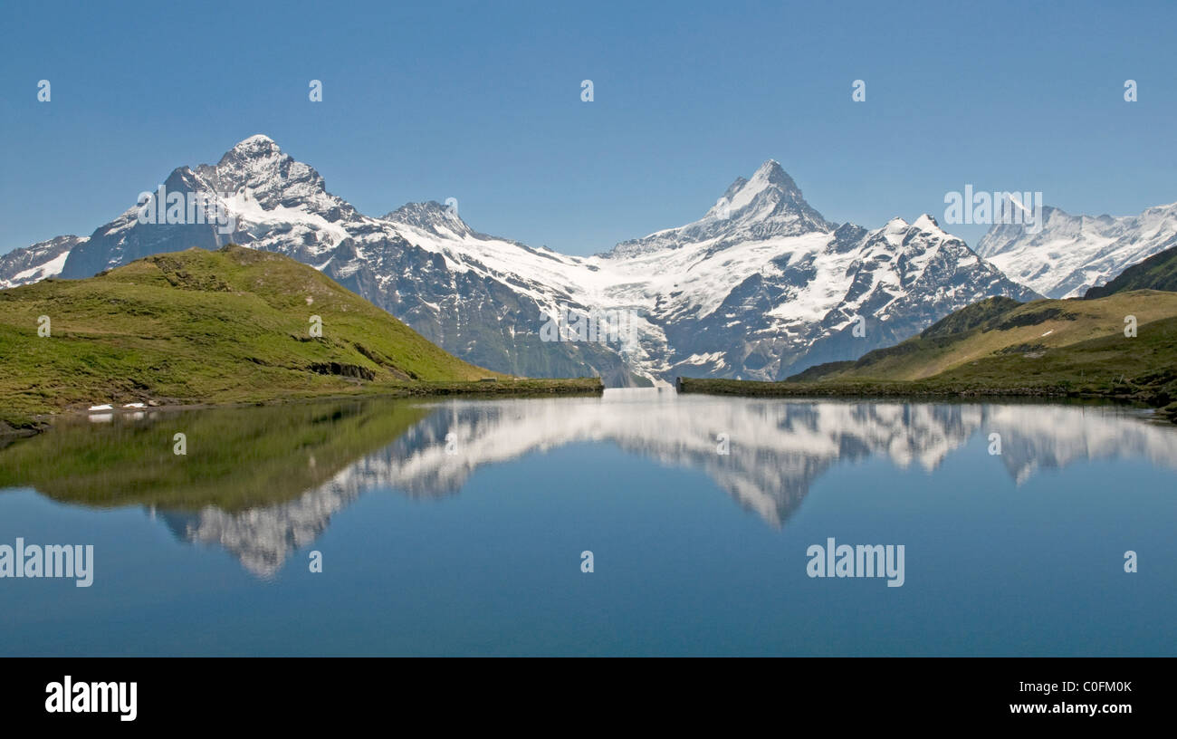 Stunning panorama of Swiss alpine peaks, including The Wetterhorn and Schreckhorn, viewed across the lower lake Bachalpsee Stock Photo