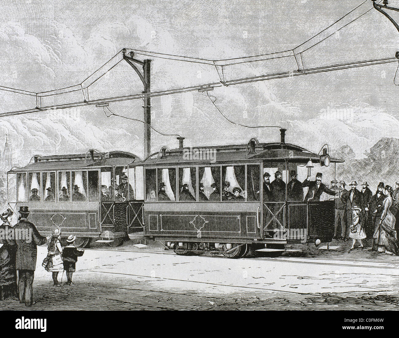 Electric streetcar. engraving Stock Photo Alamy