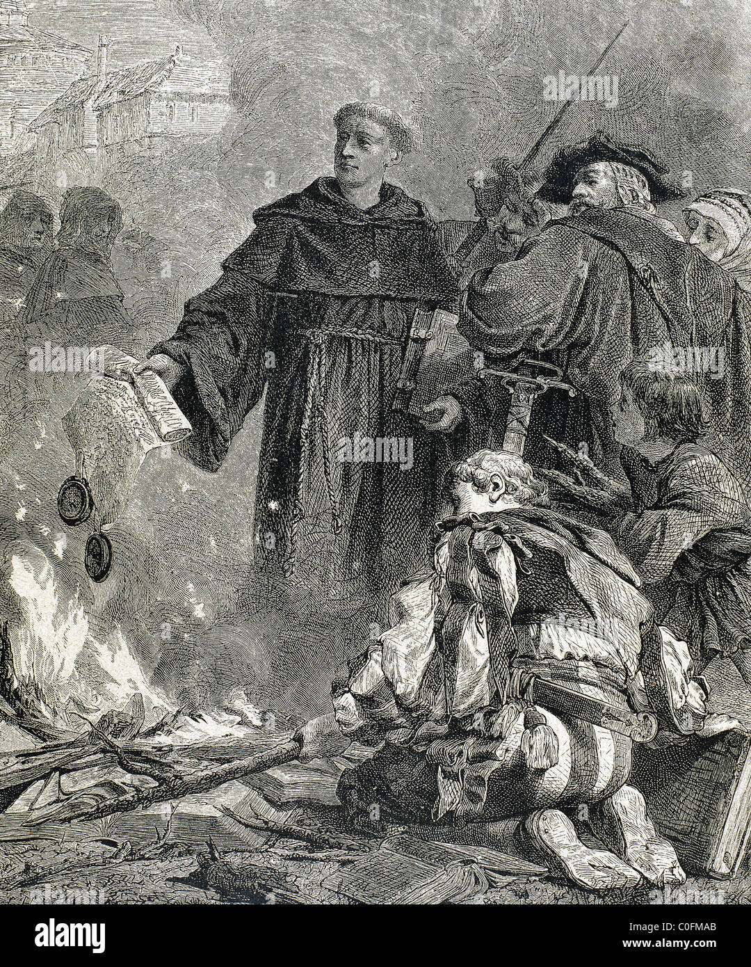 Martin Luther (1483-1546) burning the papal bull 'Exsurge Domine '(1520) of Pope Leo X. Stock Photo