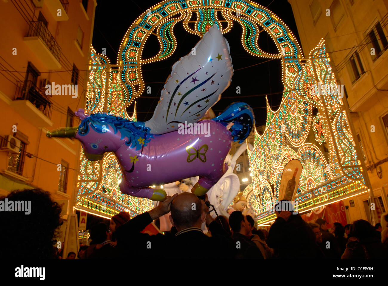 Falla Literato Azorin lightning decorations during Las Falles