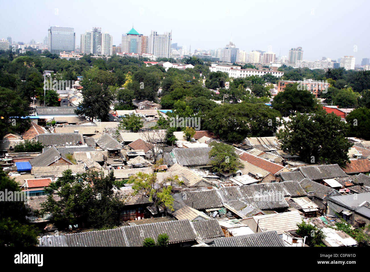 North Beijing, old Dongcheng district, looking over at the new Beijing and its high-rise buildings. Stock Photo