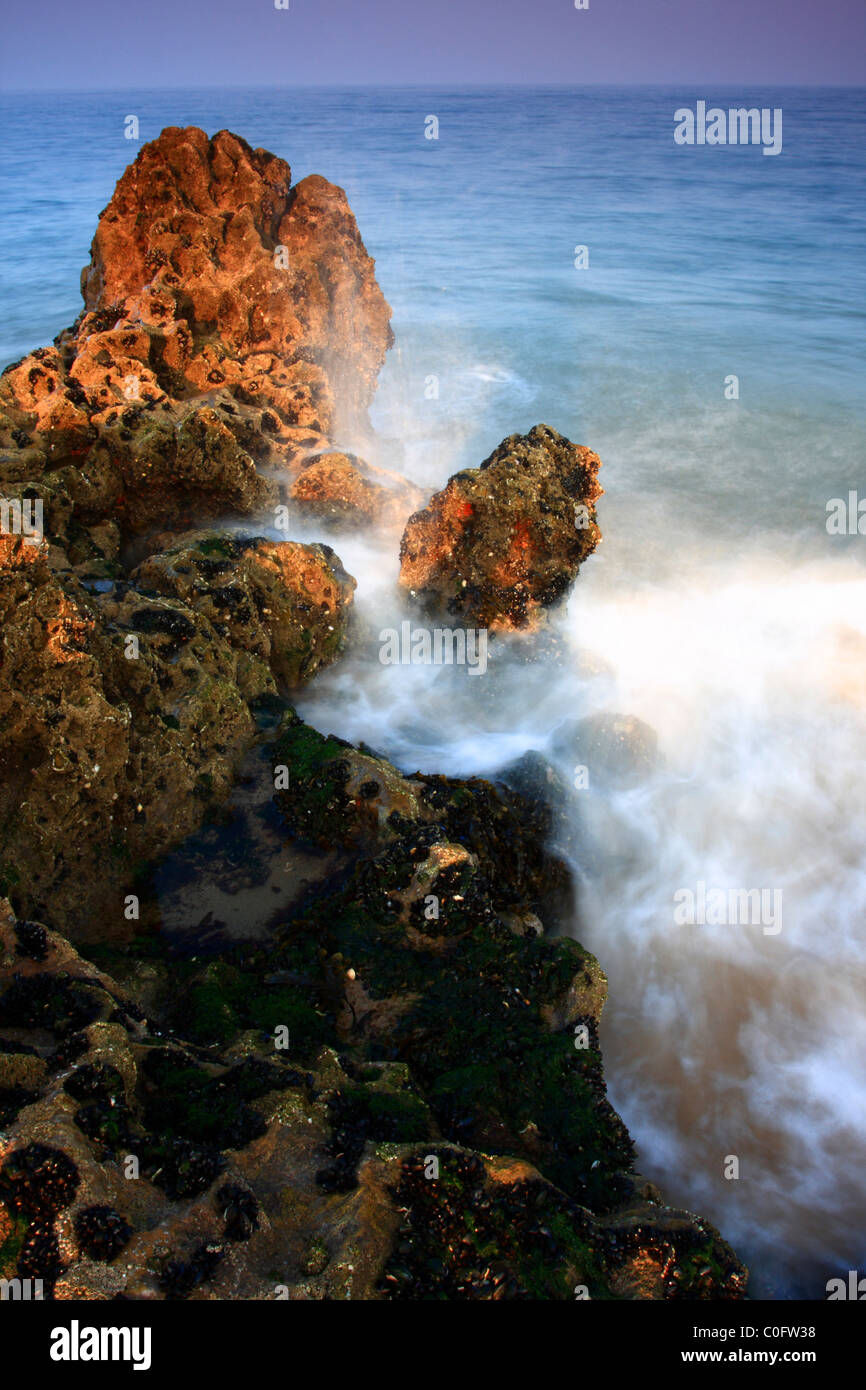 Incoming wave breaking on an outcrop of rock, Tenby, Pembrokeshire, Wales Stock Photo