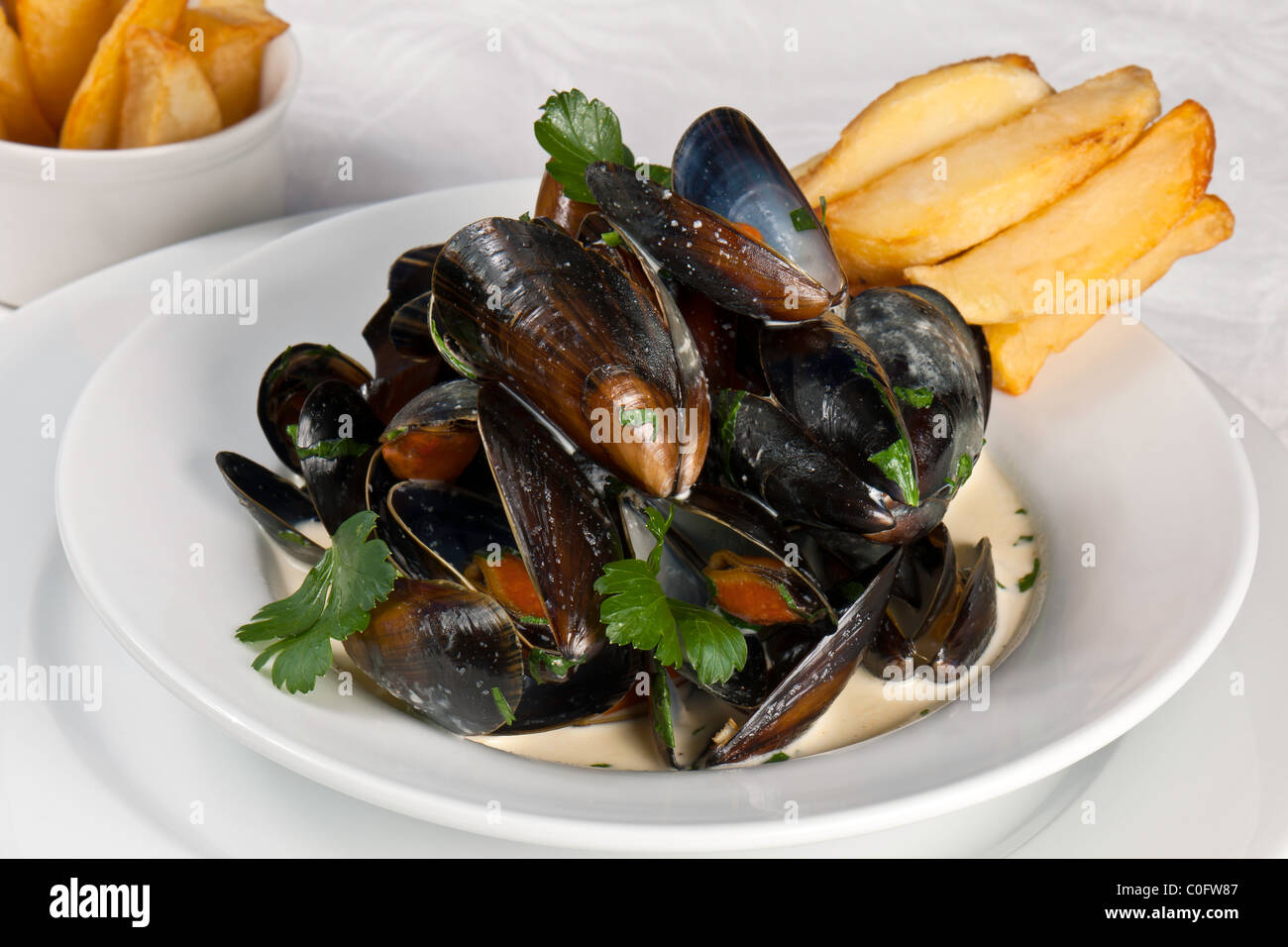 Mussels and Chips Stock Photo Alamy