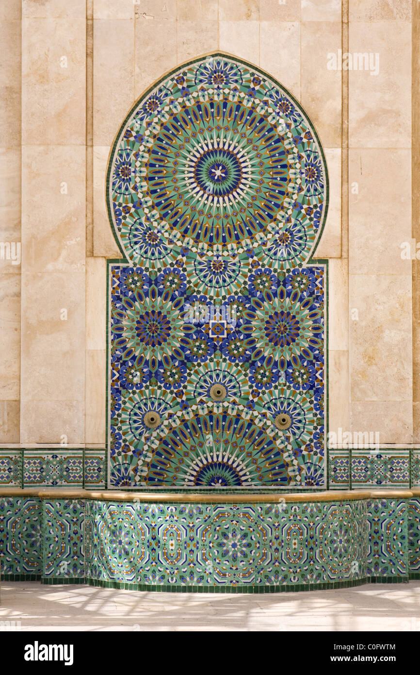 Typical moroccan tiled fountain in the Hassan II great mosque , in Casablanca Stock Photo