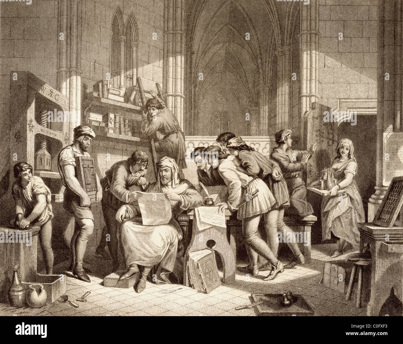 Introduction of the Art of Printing. Caxton reading the first proof sheet from his printing press Stock Photo