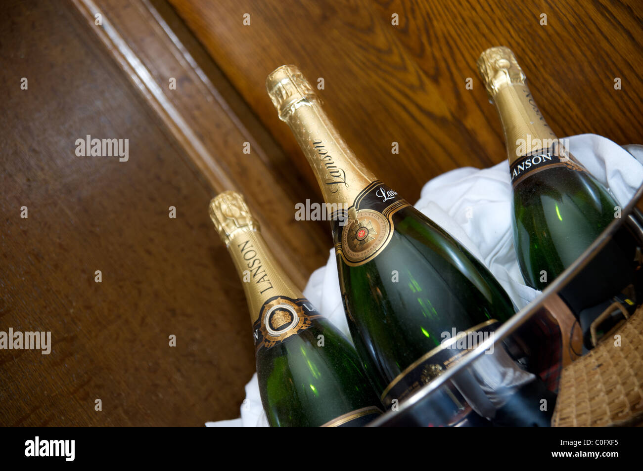 Champagne on ice at a wedding reception Stock Photo