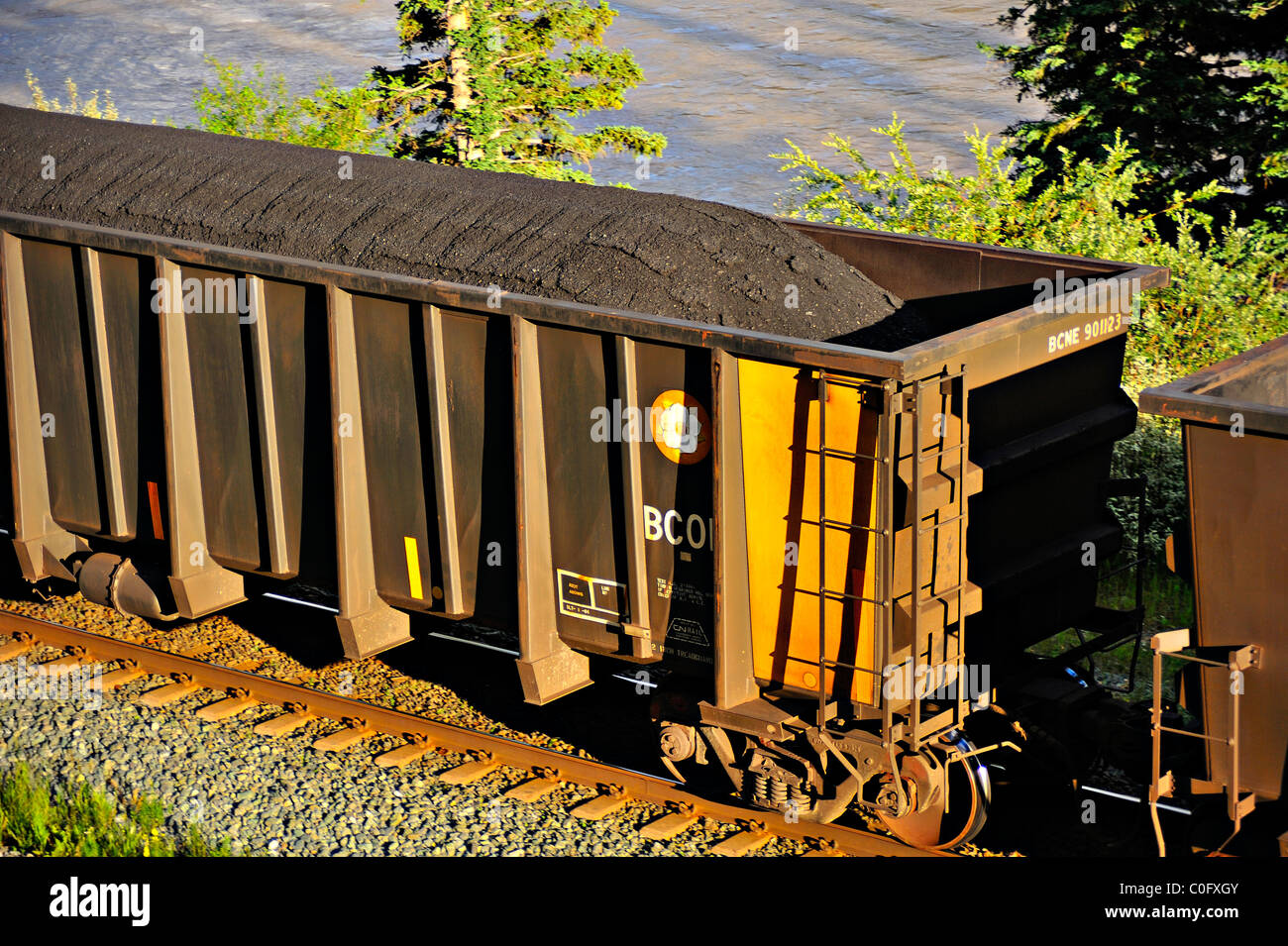 A close up image of a rail car loaded with coal ore Stock Photo
