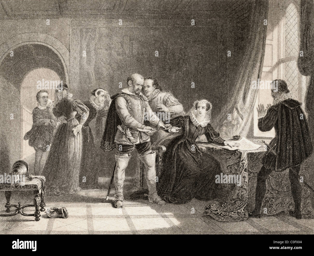 Mary Queen of Scots compelled to sign her abdication in Lochleven Castle in 1567. Stock Photo
