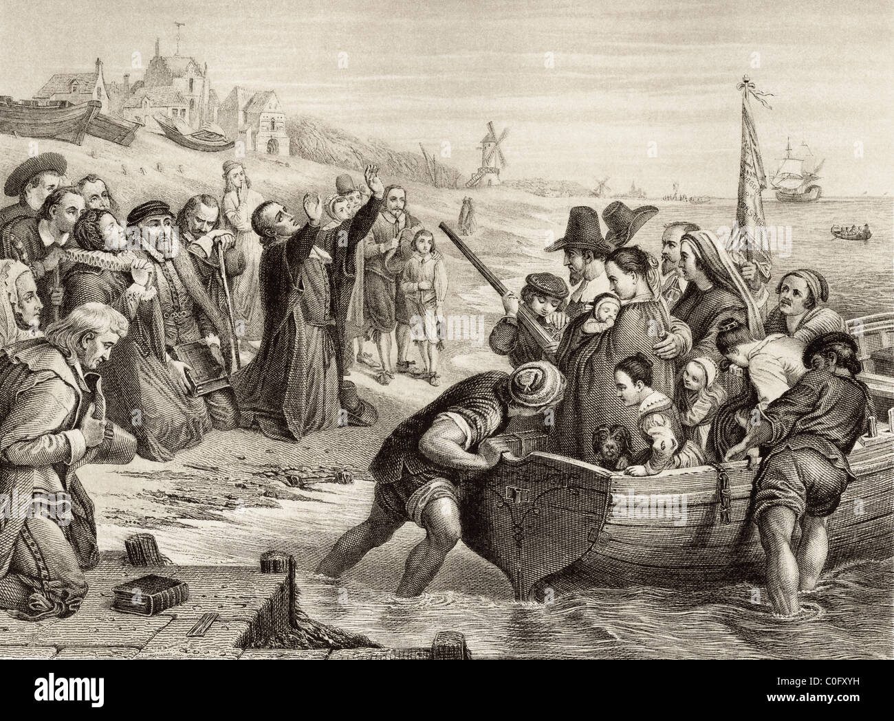 Departure of the Pilgrim Fathers from Delft Haven, Holland in July 1620. Stock Photo