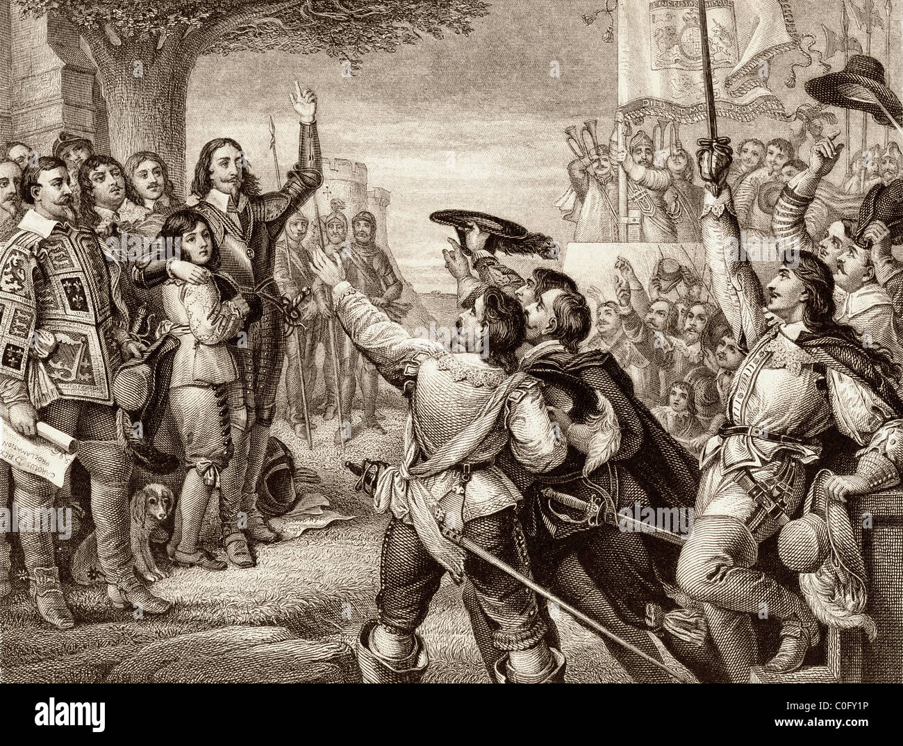 The opening scene of the First English Civil War. Charles I erecting his royal standard at Nottingham Stock Photo