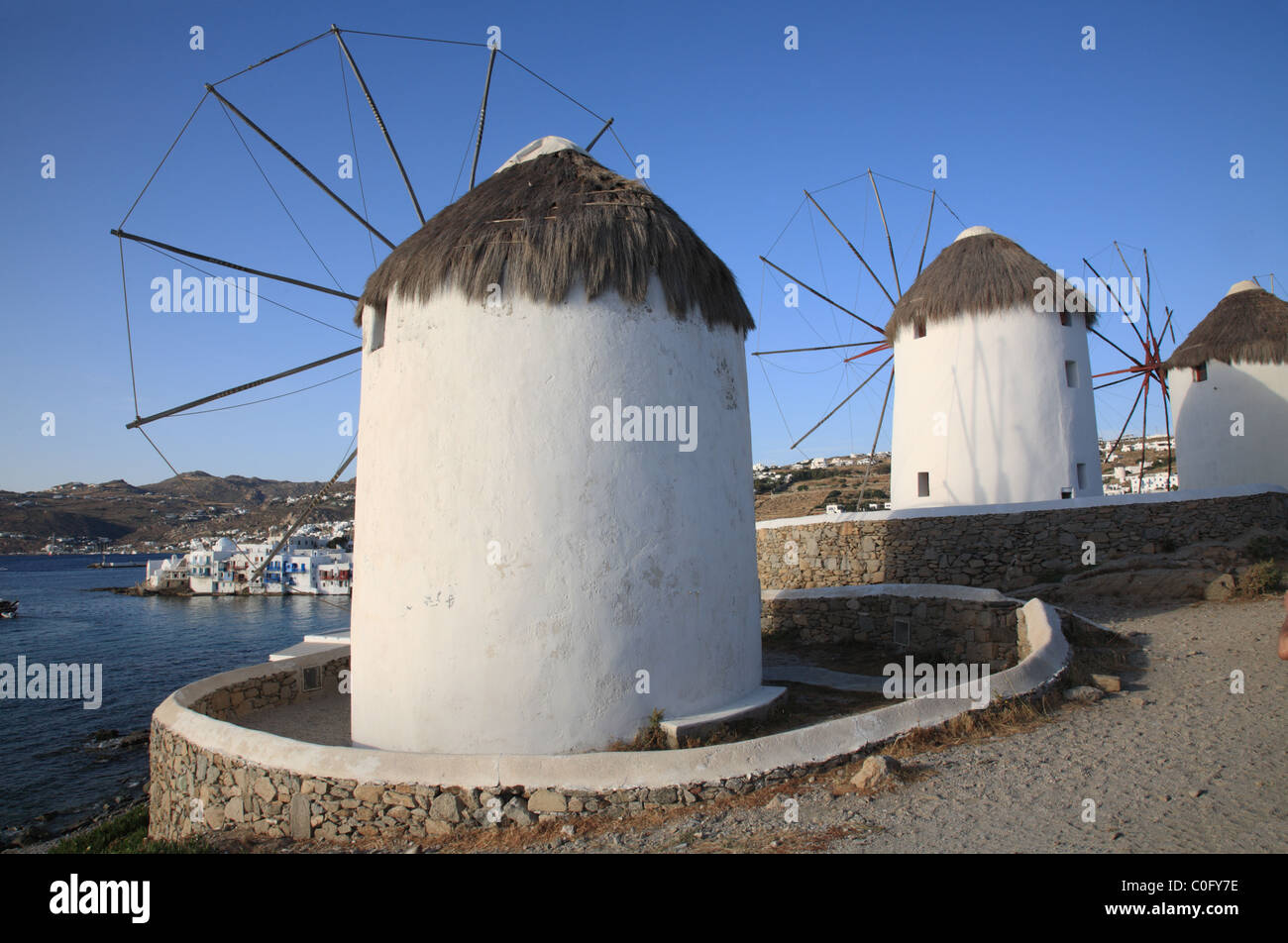 Windmills,  Little Venice, Mykonos Town (Chora), Mykonos, Cyclades, Greece Stock Photo