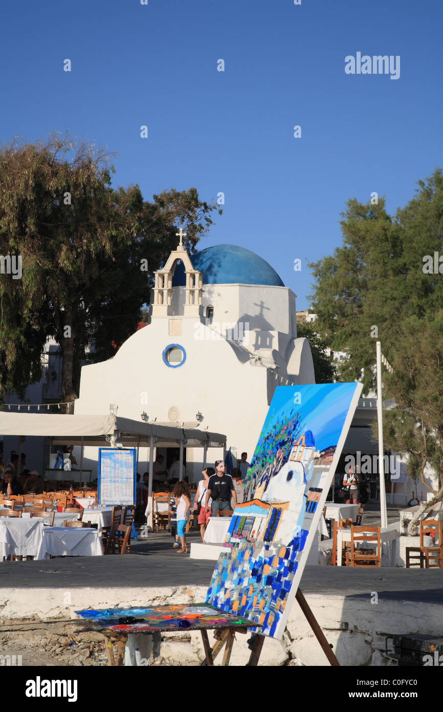 Painting of Greek Orthodox Church in front of church, Little Venice, Mykonos Town (Chora), Mykonos, Cyclades, Greece Stock Photo