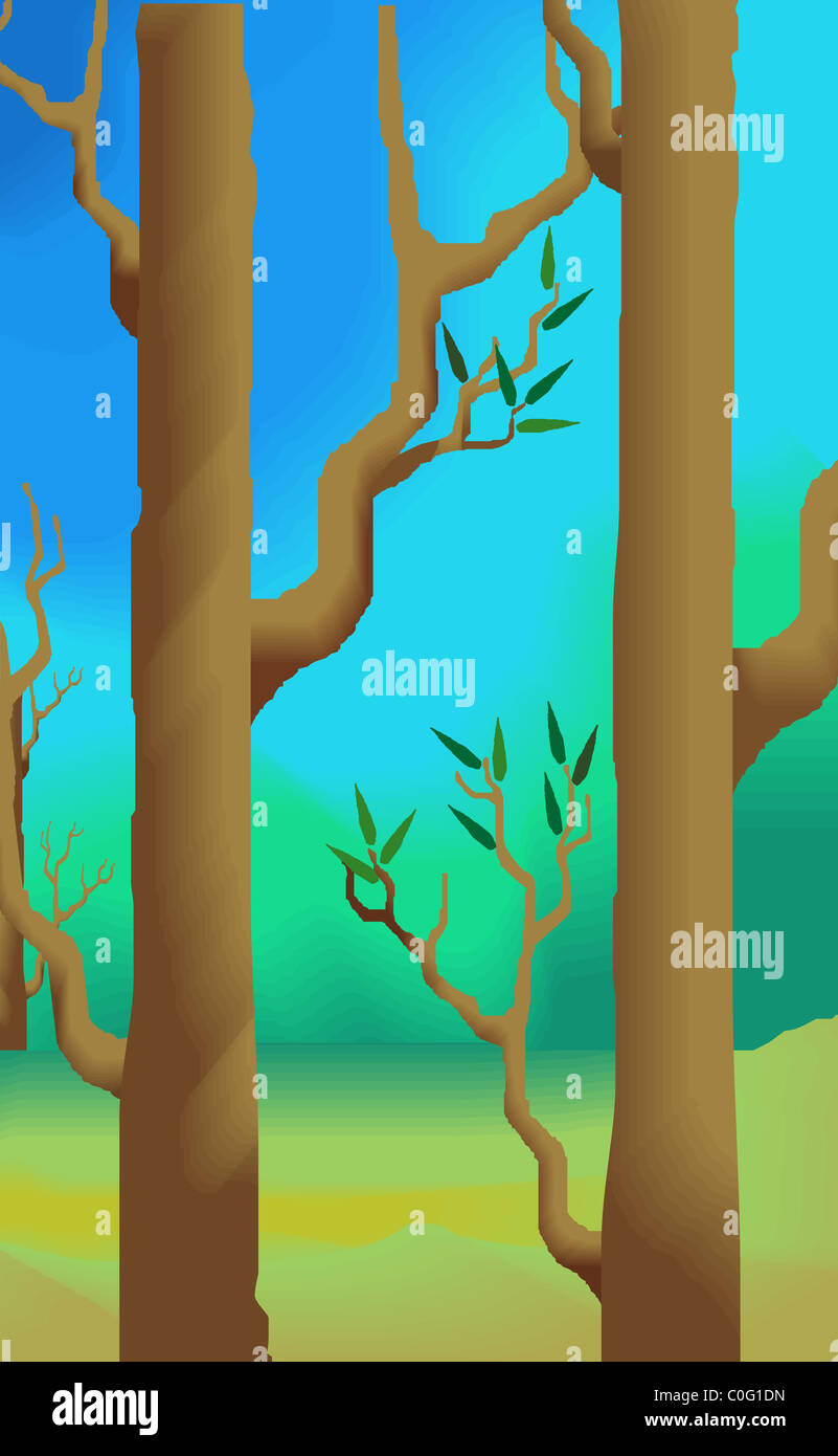 Digital painting of tree. The artist feels the beginning of spring season with the new leaves