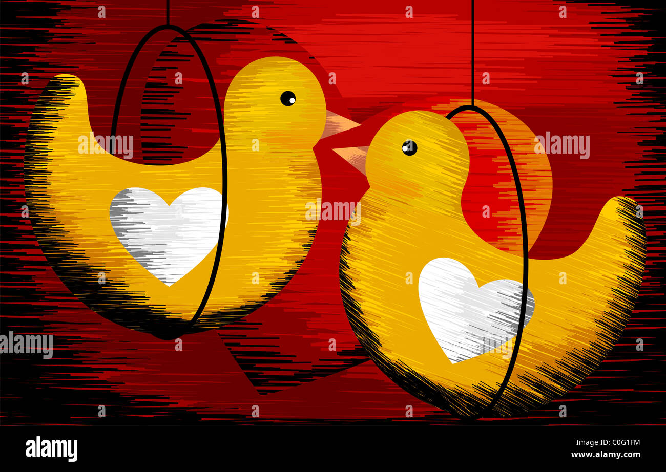 Digital painting of two birds. The artist feels the symbol of love between this pair of birds. Stock Photo