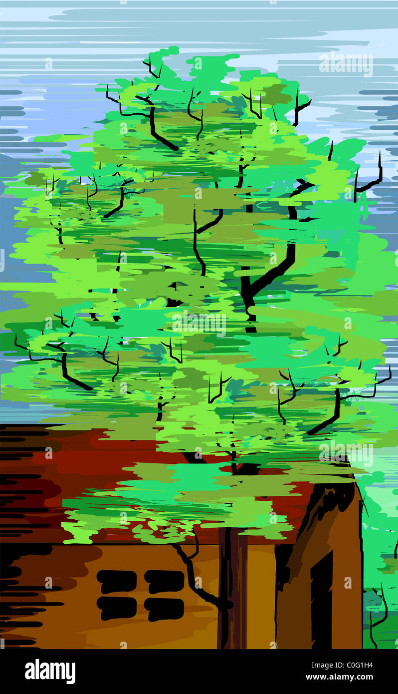 Digital painting of tree. The artist is enjoying the beauty of the tree which is behind a house. Stock Photo